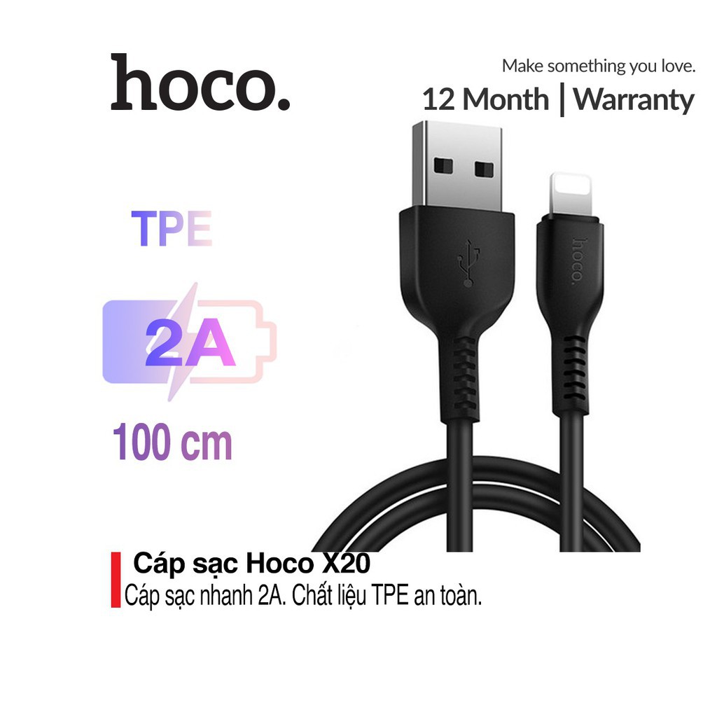 Cáp sạc nhanh 2A truyền dữ liệu Hoco X20 Lightning dây TPE chắc chắn dài 1M/2M/3M cho iPhone/iPad