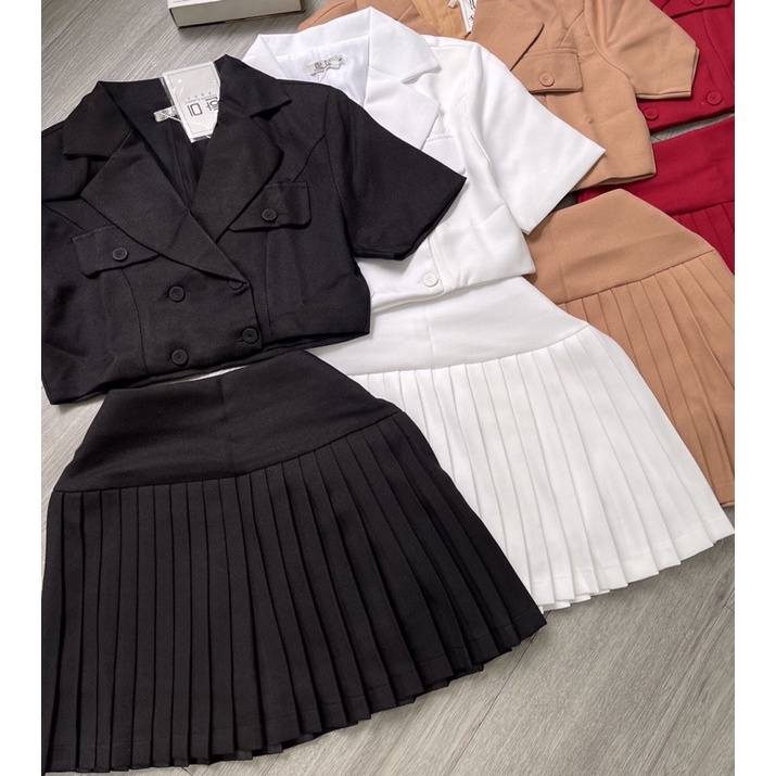 (Có BigSize) Set Áo Cổ Vest Và Váy Dập Ly Cao Cấp