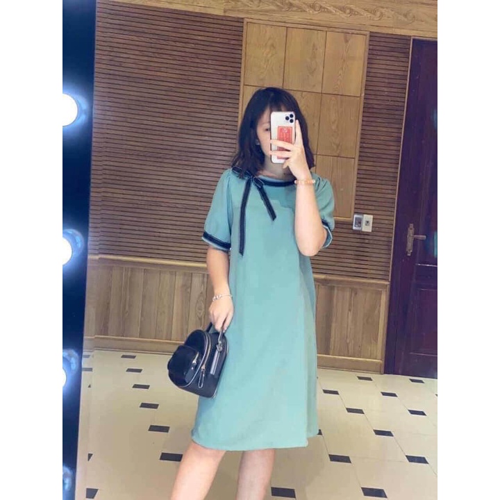 Đầm bầu ngắn tay cổ nơ lệch M016 chất cát hàn thời trang thiết kế Mom and Baby