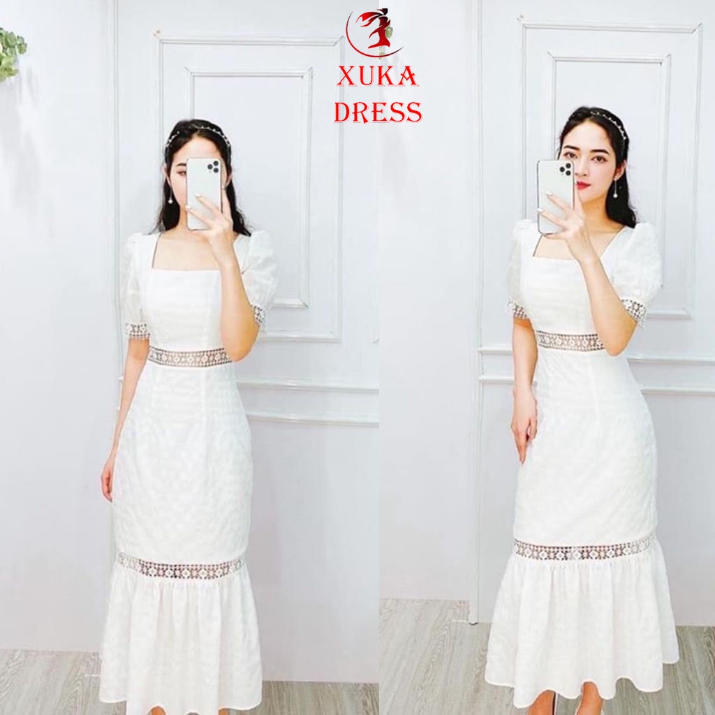 Đầm maxi công chúa dự tiệc trắng phối ren đuôi cá xinh đẹp cá tính XUKA DRESS chất đũi siêu đẹp.