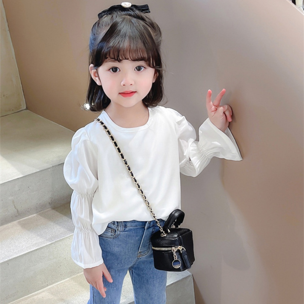 Áo Sơ Mi Chiffon Tay Dài Phồng Cổ Tròn Phong Cách Hàn Quốc Thời Trang Mùa Xuân Cho Bé Gái