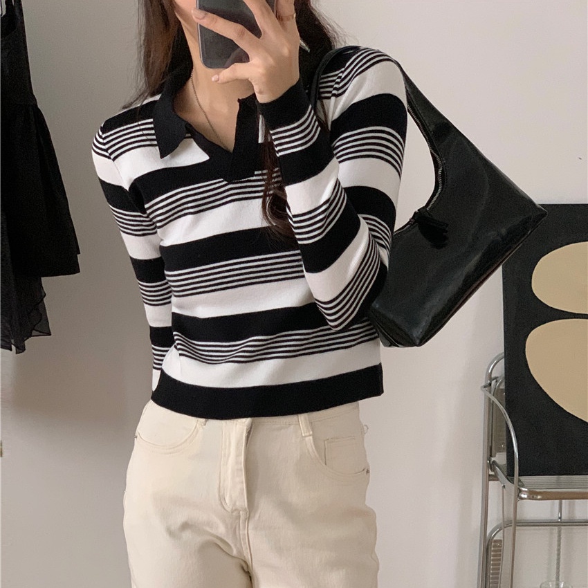 SUXI Áo Dệt Kim Tay Dài Dáng Rộng Họa Tiết Kẻ Sọc Màu Sắc Tương Phản Phong Cách Cổ Điển Thời Trang Cho Nữ