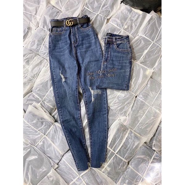 Quần Jean Nữ Bó Ống Dài, Rách Kiểu, Chất Jean Co Giãn