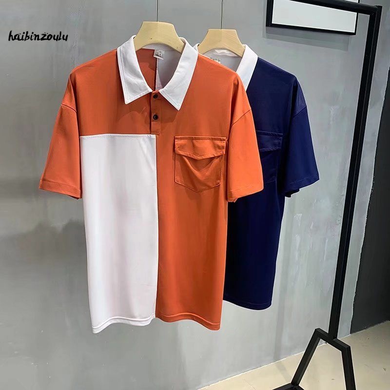 Spring and summer British style solid color T-shirt men's high-end stand-up collar high-end casual collar printed polo shirt short-sleeved men