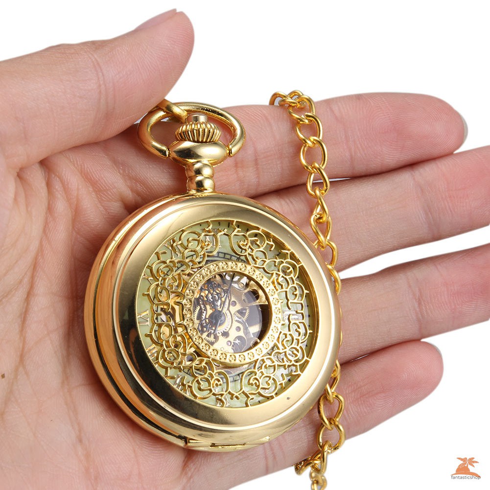 #Đồng hồ bỏ túi# Men Women Mechanical Pocket Watch Golden Hollow Carved Case with Chain