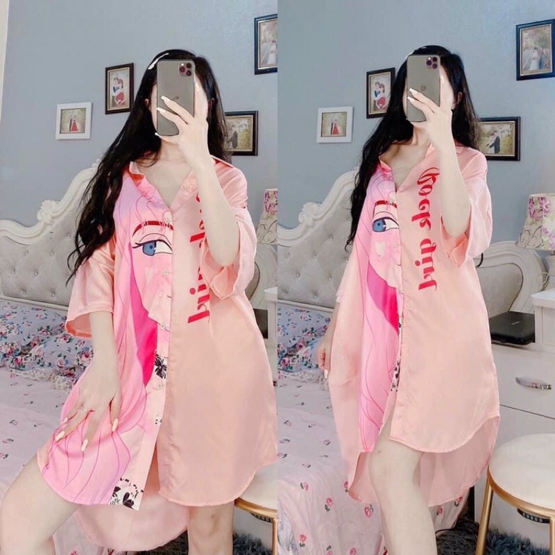 Đầm ngủ sơ mi mặc nhà Lụa satin freesize (bầu bí và mẹ bỉm bon chen thoải mái)