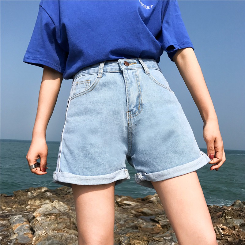 [Size L]Quần shorts jean nữ lưng cao xanh nhạt Ulzzang Quảng Châu QNJ11