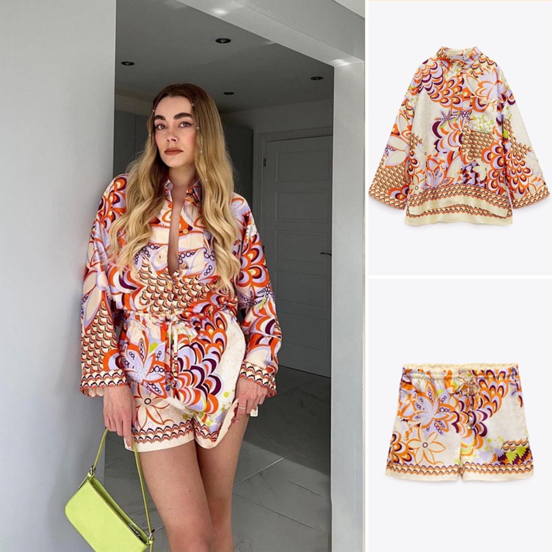 Zara Bộ Áo Sơ Mi In Họa Tiết + Quần Short Xinh Xắn Theo Phong Cách Mùa 3156234 3355236