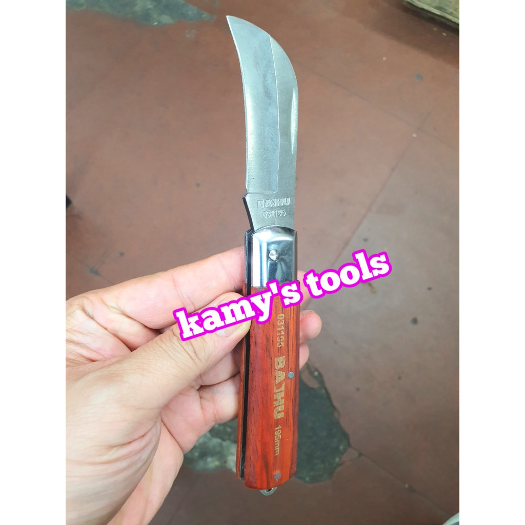 Dao xếp gấp gọn tuốt rọc dây cáp điện cán gỗ Baihu 031195 và 031205