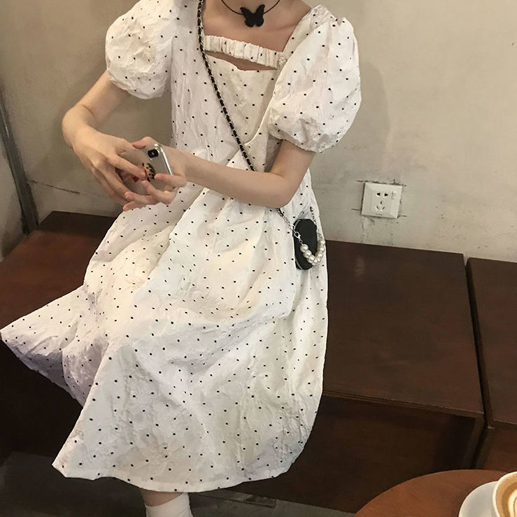 Đầm tay phồng cổ vuông lưng cao phong cách Retro Pháp thời trang cho nữ