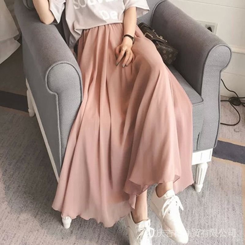 Spring and Summer chiffon double-layer large-swing skirt long skirt anti-penetration small fresh large size high waist ethnic style student dress