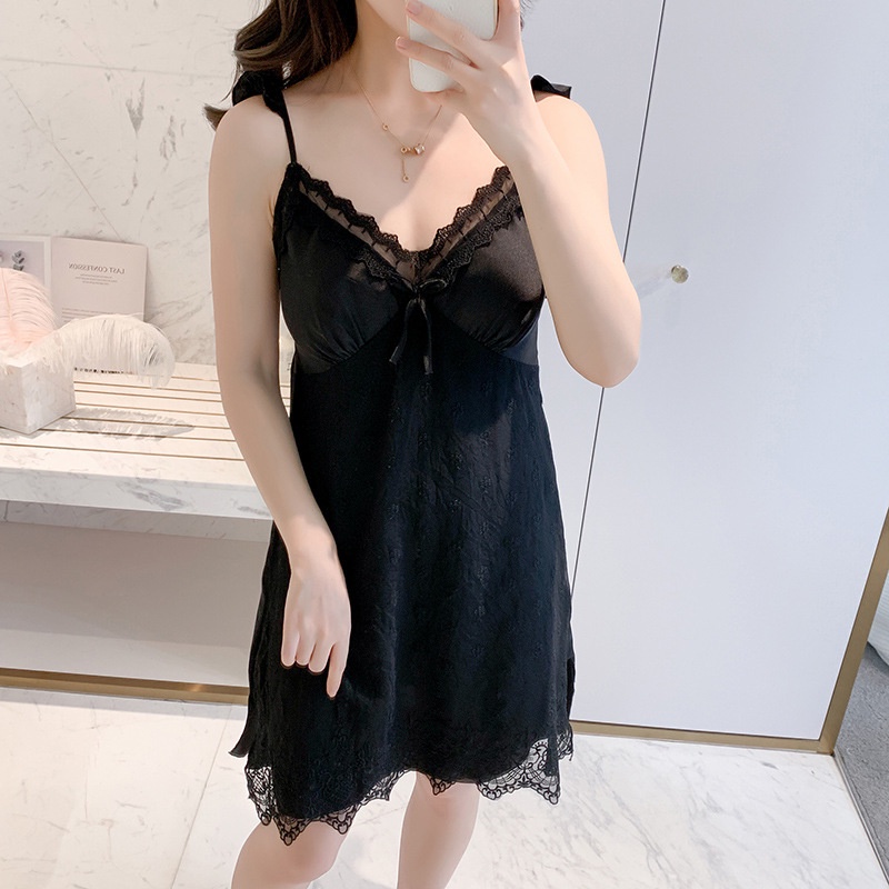 Đầm Ngủ Lụa Phối Ren Có Mút Đệm Ngực Thời Trang Mùa Hè Quyến Rũ Cho Nữ