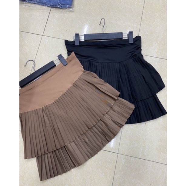 Chân váy bầu xếp li 2 tầng thời trang bầu teen màu nâu,đen (Ảnh thật phía sau)