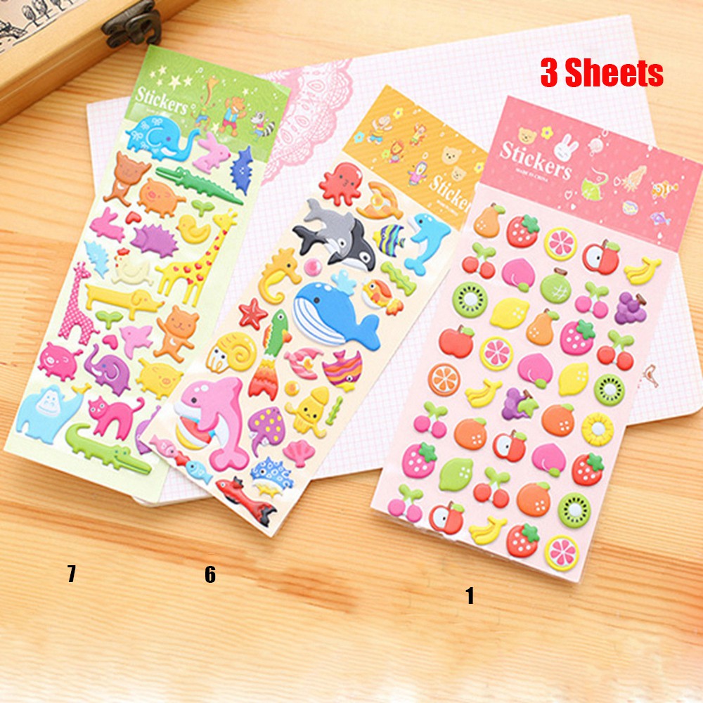 Bộ 1/2/3/5 hình dán nổi 3D hình trái cây/động vật chống thấm nước cho bé
