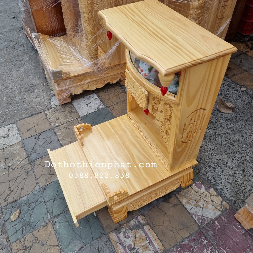 Bàn thờ thần tài ông địa gỗ thông màu nguyên gỗ ngang 48cm hộp điện tử