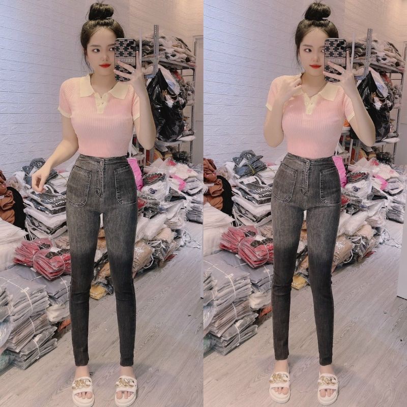 Áo len ôm body pha cổ bẻ hàng QC