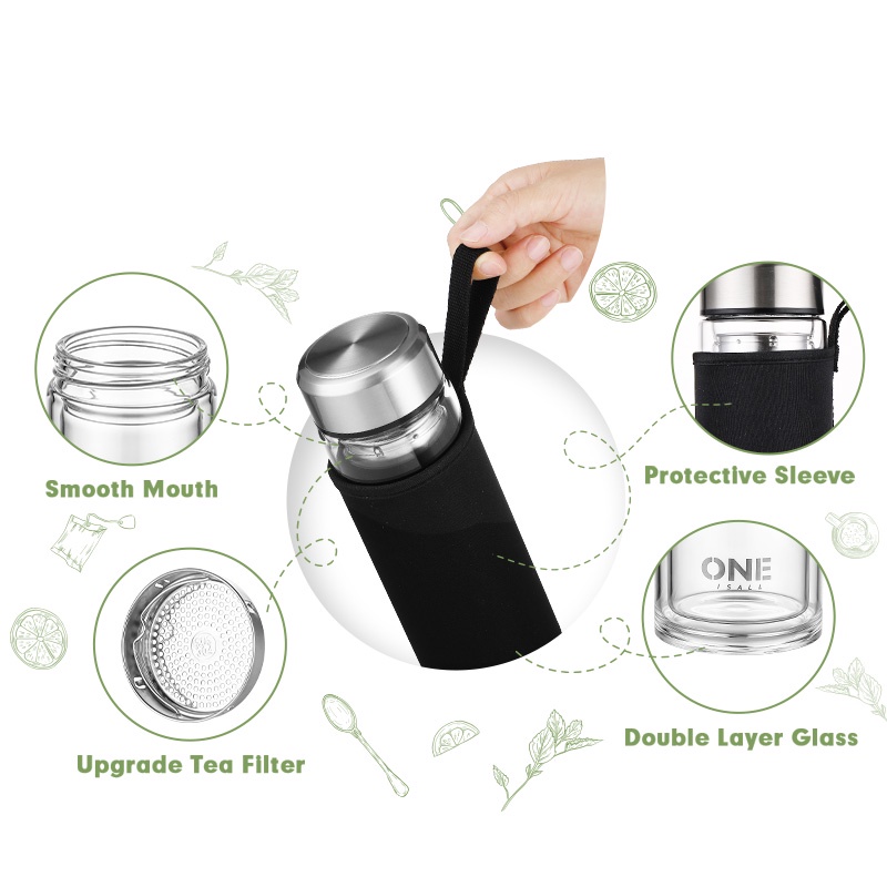 Bình đựng ONEISALL hai lớp thủy tinh dày dặn sức chứa lớn cách nhiệt dung tích 600ml 800ml 1000ml