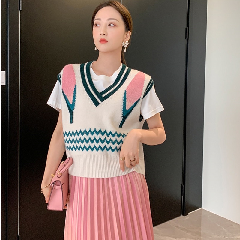 Áo Khoác Len Không Tay Cổ Chữ V Dáng Rộng Màu Sắc Tương Phản Thời Trang Mùa Thu Cho Nữ