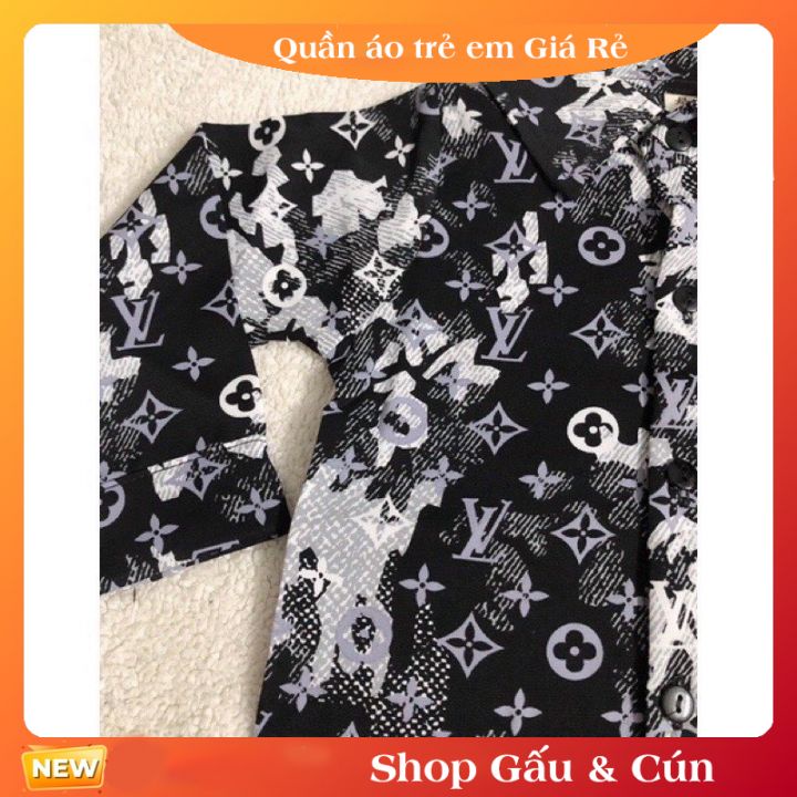 Áo sơmi lụa cho bé trai họa tiết lv màu đen và nâu 9-14kg