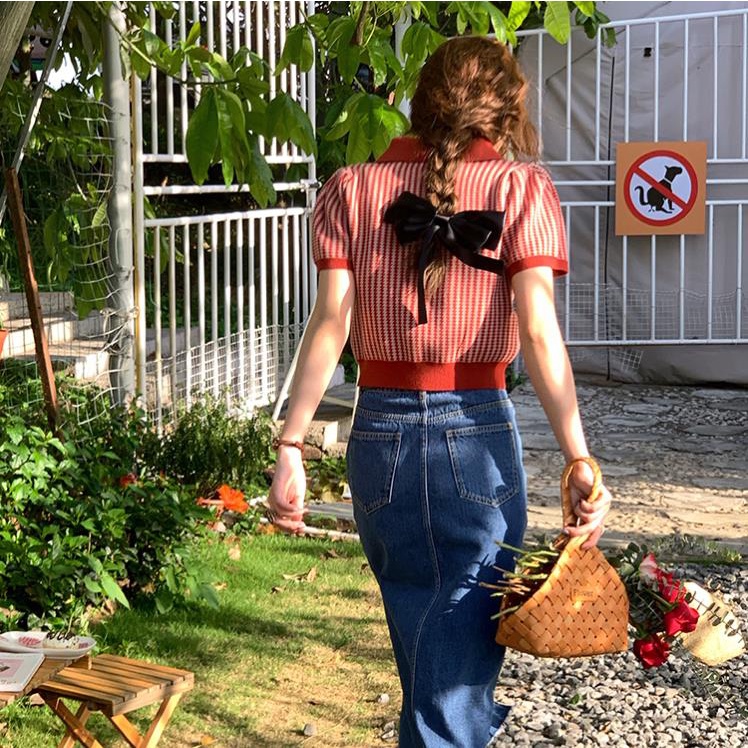 Áo Thun Dệt Kim Ngắn Tay Cổ Polo Họa Tiết Kẻ Sọc Phong Cách Vintage Cho Nữ