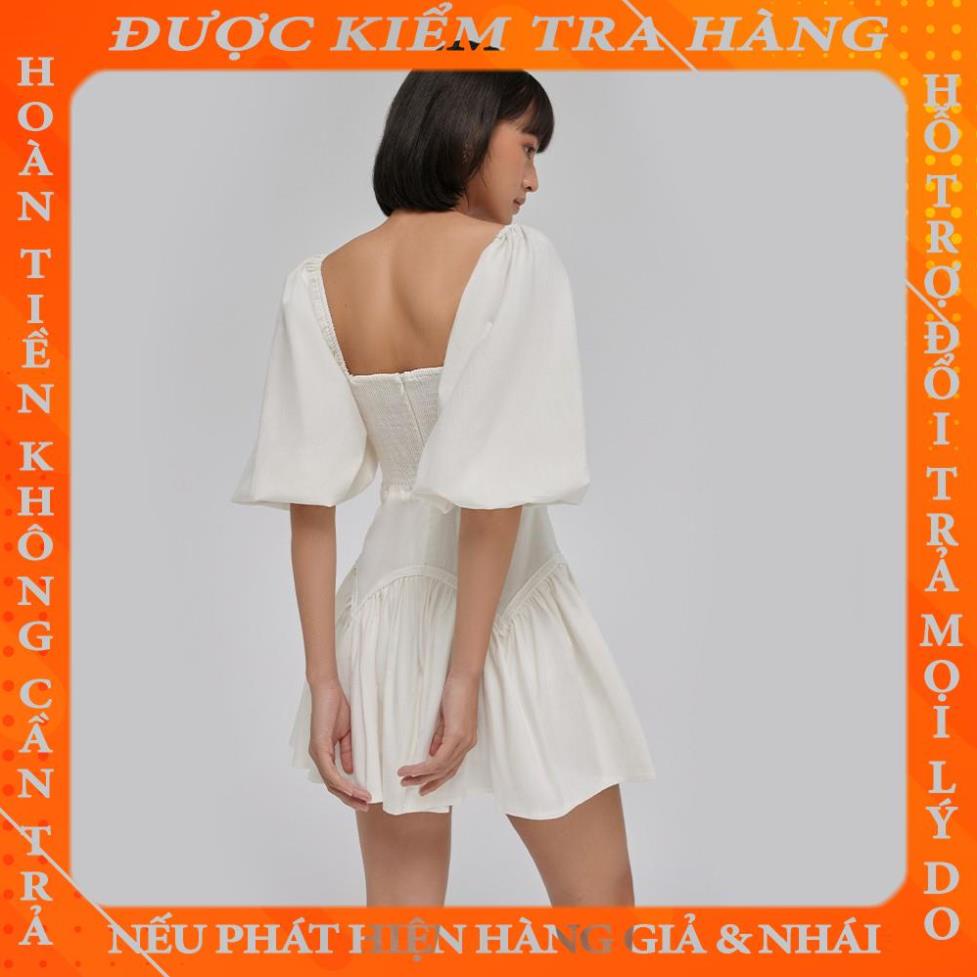 DEAR JOSÉ - Đầm ngắn cổ vuông tay lửng bồng Sunset Valley vải linen trắng qphat