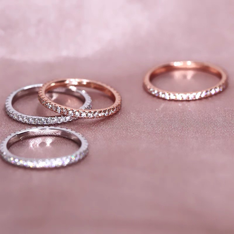 Nhẫn bạc nữ pha lê bạc ý 925 - nạm đá vòng tròn có 2 màu hồng trắng đơn giản trẻ trung