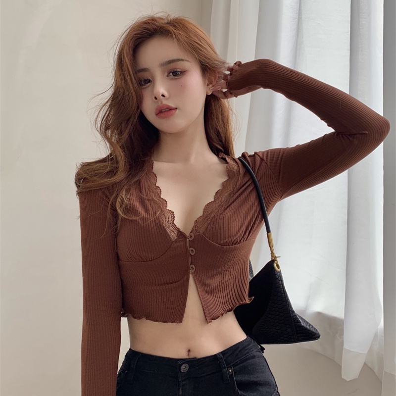 Áo crop top tay dài cổ chữ V phối ren hoa thời trang mùa thu quyến rũ cho nữ
