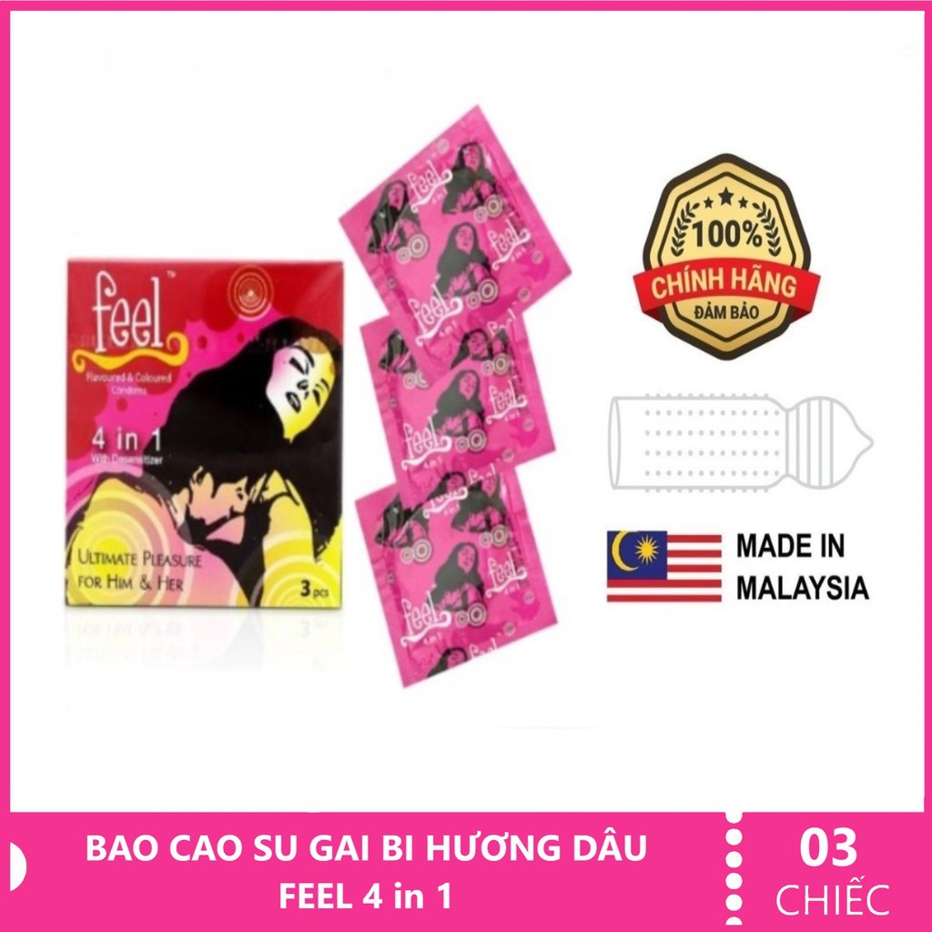 Bao Cao Su 3 chiếc Gân Gai, Hương Dâu, Kéo Dài Thời Gian Quan Hệ Feel 4in1