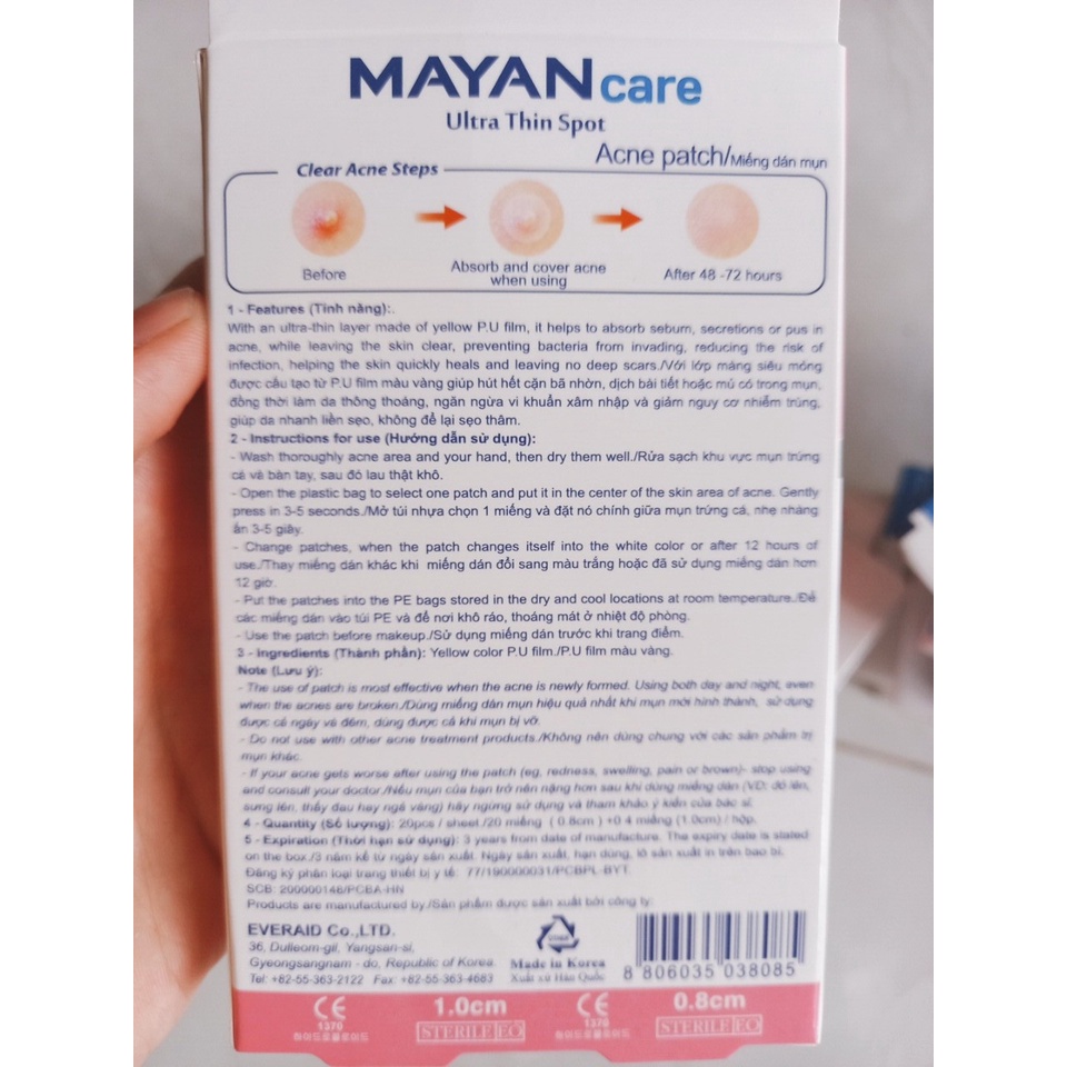 Miếng dán mụn Mayan Care Ultra Thin Spot hỗ trợ giảm mụn trong vòng 48h 20 miếng/24 miếng