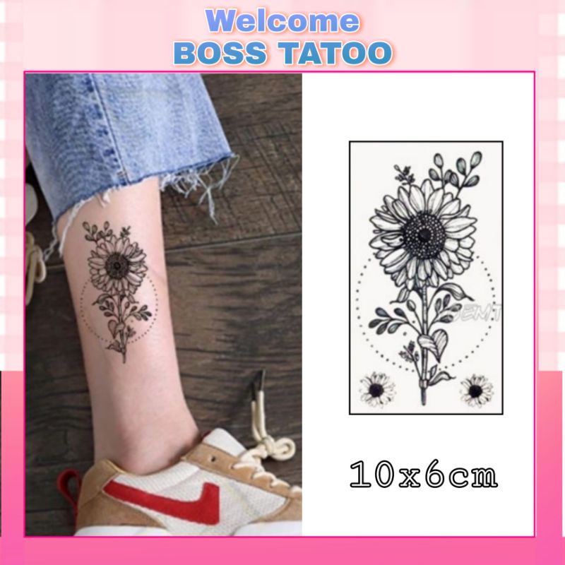 Hình xăm hoa hướng dương đen t141. Xăm dán tatoo mini tạm thời, size &lt;10x6cm