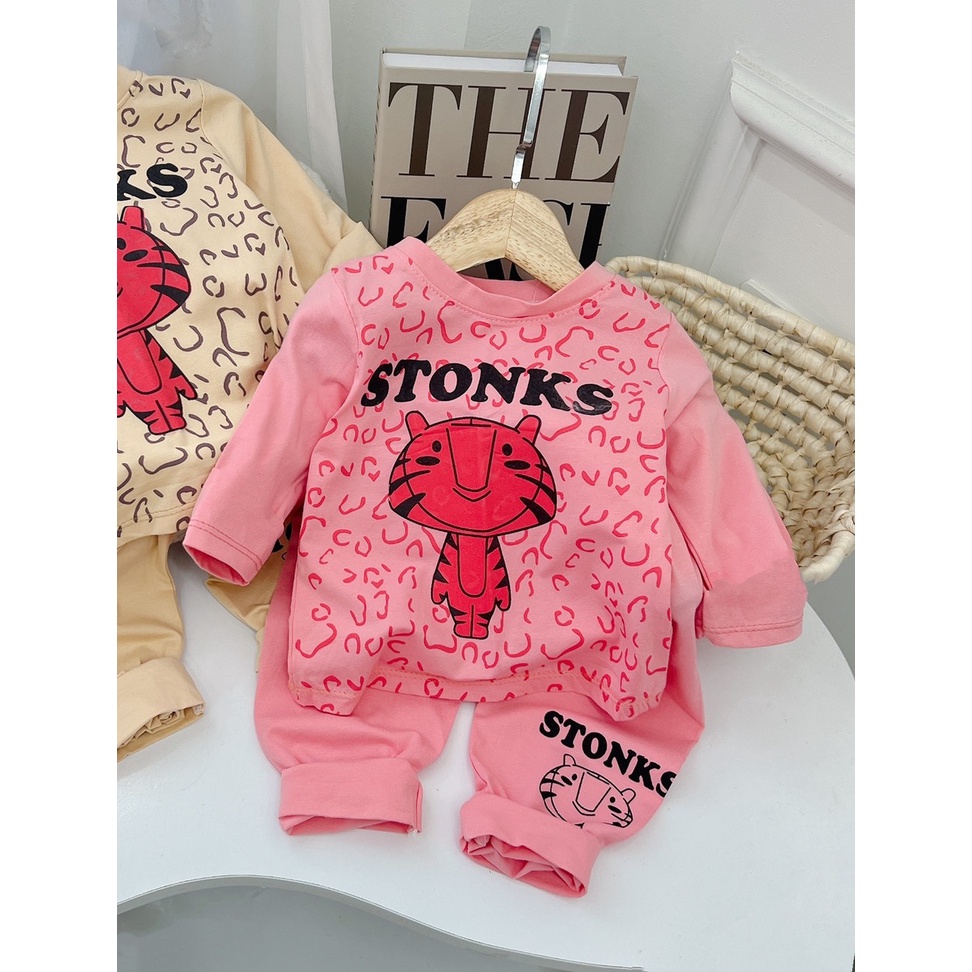 Bộ thu đông cho bé, bộ quần áo dài tay chú hổ STONK chất cotton size 8-30kg cho bé gái