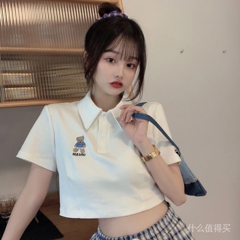 Women's 2021 spring and summer short sleeve bear t-shirts new wild thin white short high waist polo shirt | BigBuy360 - bigbuy360.vn