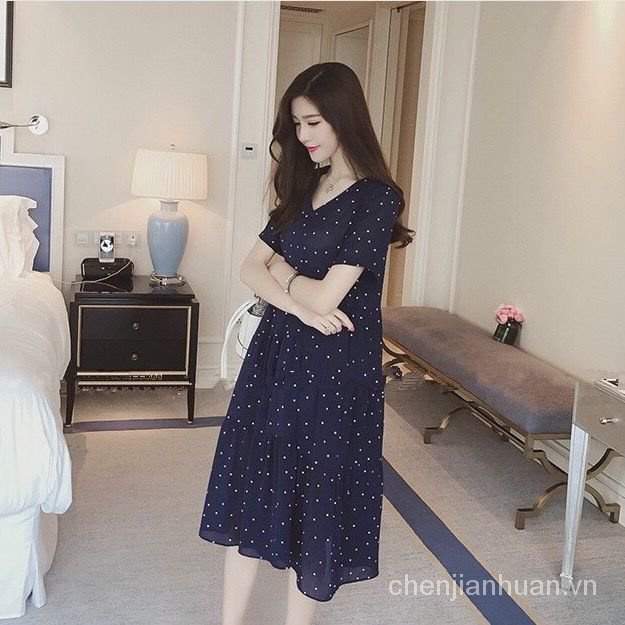 váy bầu dự tiệc hoa nhí 2 dây Thai Sản 2021Mới Mùa Hè Thời Trang Mẹ Triều Chiffon Hàn Quốc Nhỏ Chấm Bi Mùa Hè Cho Phụ Nữ Mang Thai