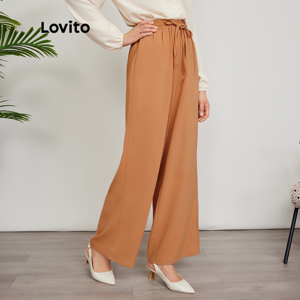 Lovito Quần ống rộng thắt lưng thun trơn vừa phải L24ED111 (Kaki)