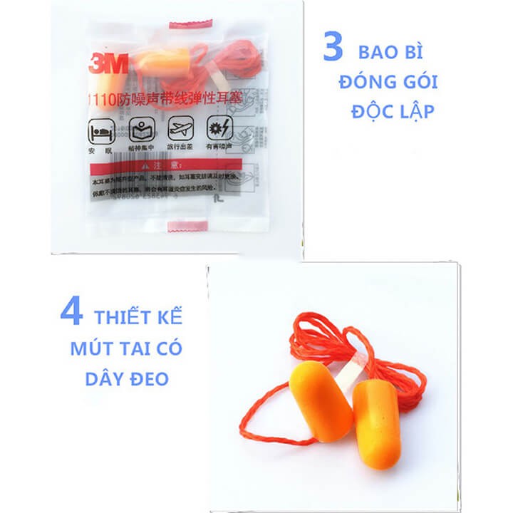 Nút tai chống ồn 3M 1110, Bịt tai chống ồn lên đến 29Db thoải mái khi đeo lâu bảo vệ tai khỏi ô nhiễm tiếng ồn