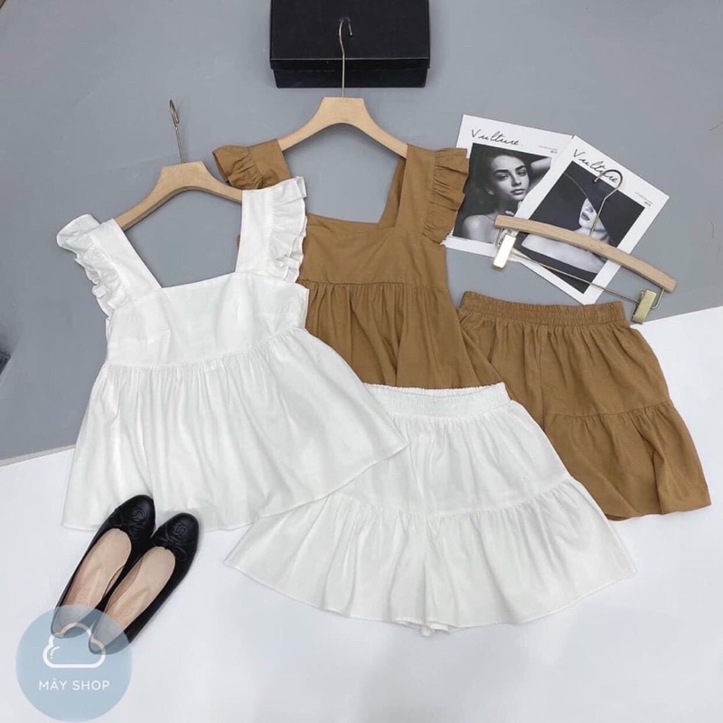 Set Bộ Nữ Áo Cánh Tiên Kèm Quần Váy Chất Đũi Mềm, Set Đồ Mặc Nhà Đi Chơi Đều Đẹp