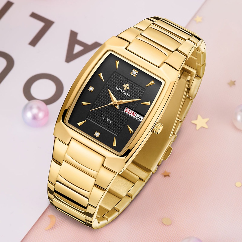 Wwoor Đồng Hồ Đeo Tay Mặt Vuông Màu Vàng Đen Sang Trọng Cho Nữ Relogio Feminino-8837