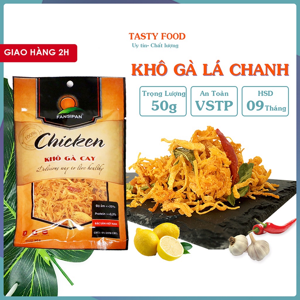 KHÔ GÀ LÁ CHANH Fansipan gói 50g cay ngon, gà xé lá chanh loại 1 cao cấp, khô gà xé cay tỏi ớt Tasty Food