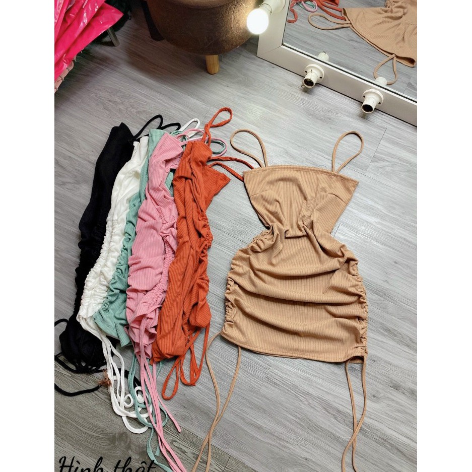 Đầm 2 dây ôm body rút dây 2 bên chất thun Len Gân Shop Cam Kết Hàng Y Hình Kèm Ảnh Thật Chính Chủ ( Size từ 40-53kg )