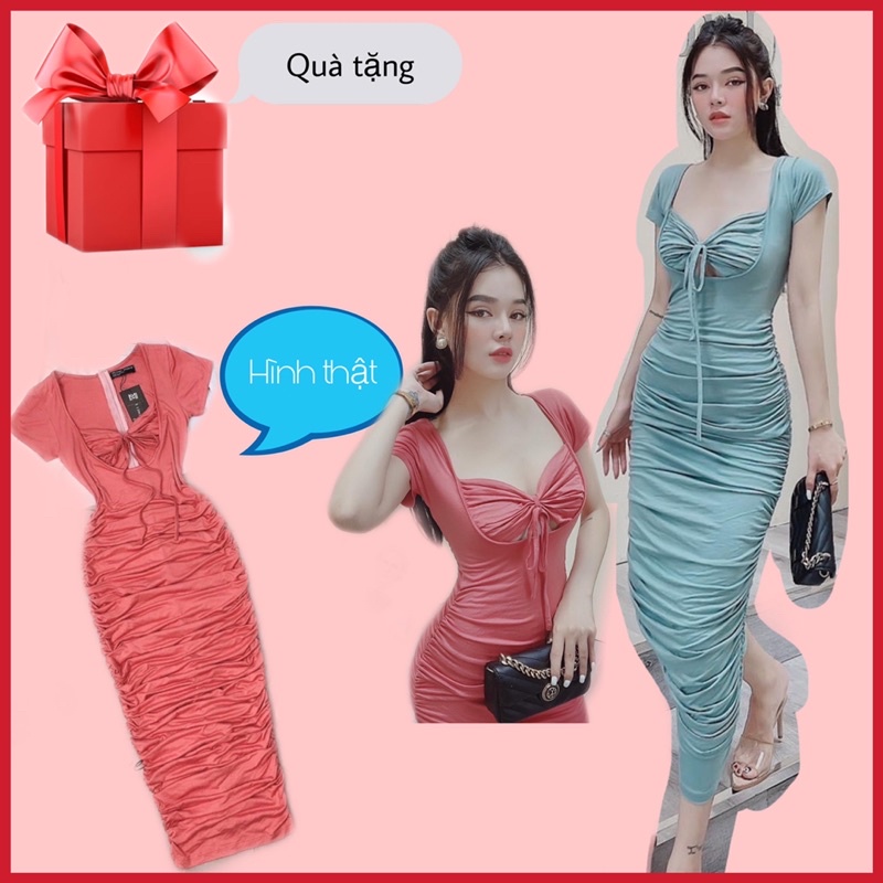 (HÀNG LOẠI 1)Đầm body thun rút ngực cutout / Váy Body hở eo nhún tôn dáng sexy