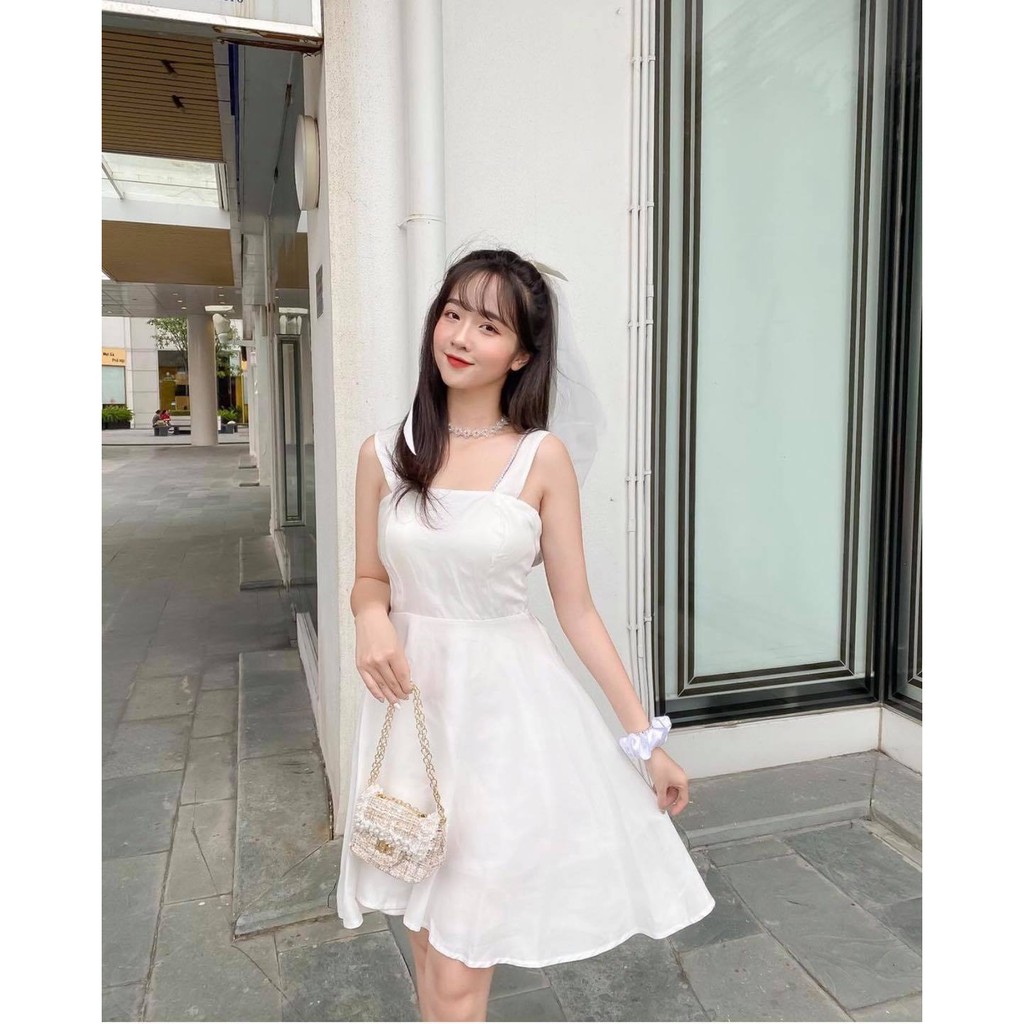 [có ảnh thật] Đầm nữ trắng dạo phố dự tiệc cưới cột nơ lưng siêu dễ thương | BigBuy360 - bigbuy360.vn