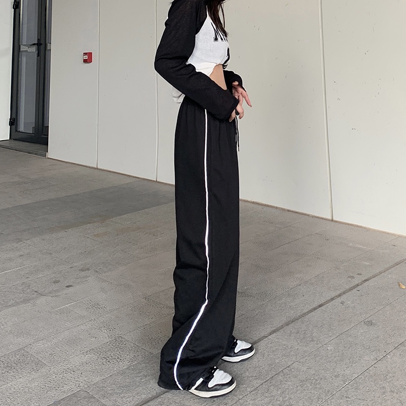 SUXI Quần ống rộng Dáng Suông Dây Rút Màu Đen Cá Tính Thời Trang Cho Nữ