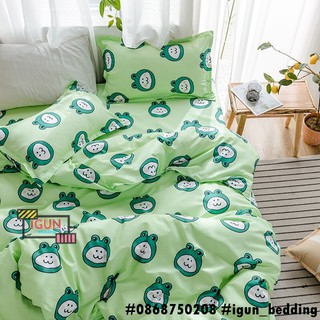Set Chăn Ga Gối POLY COTTON 4 Món Nhập Khẩu CHÚ GẤU ẾCH KHÁ BẢNH XANH LÁ