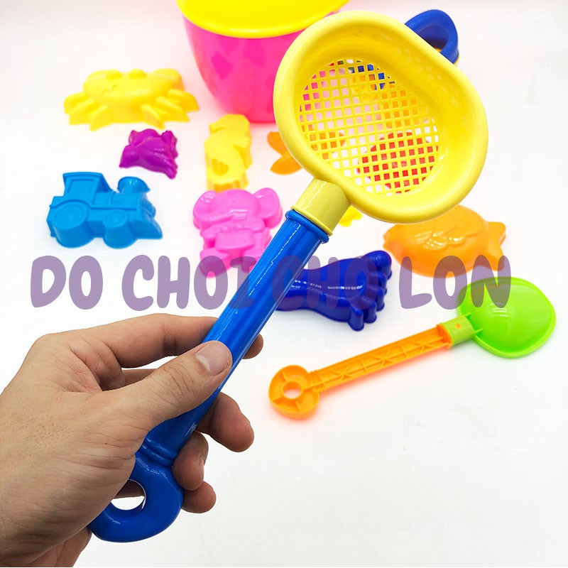 Đồ chơi xô xúc cát đi biển hình con CÁ 13 món bằng nhựa túi lưới xô chim