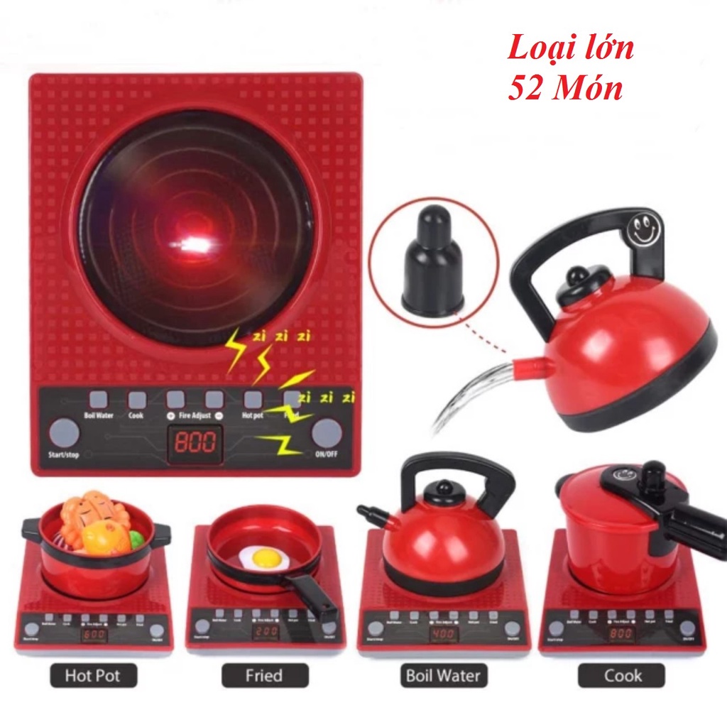 BỘ ĐỒ CHƠI NẤU ĂN 52 MÓN MÀU ĐỎ LOẠI LỚN, NHÀ BẾP DÙNG PIN