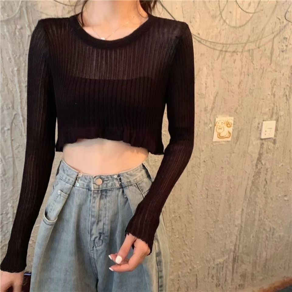 AGA Hà ng giao ngay Áo Croptop Tay Dài Xuyên Thấu Phong Cách Hàn Quốc Cho Nữ