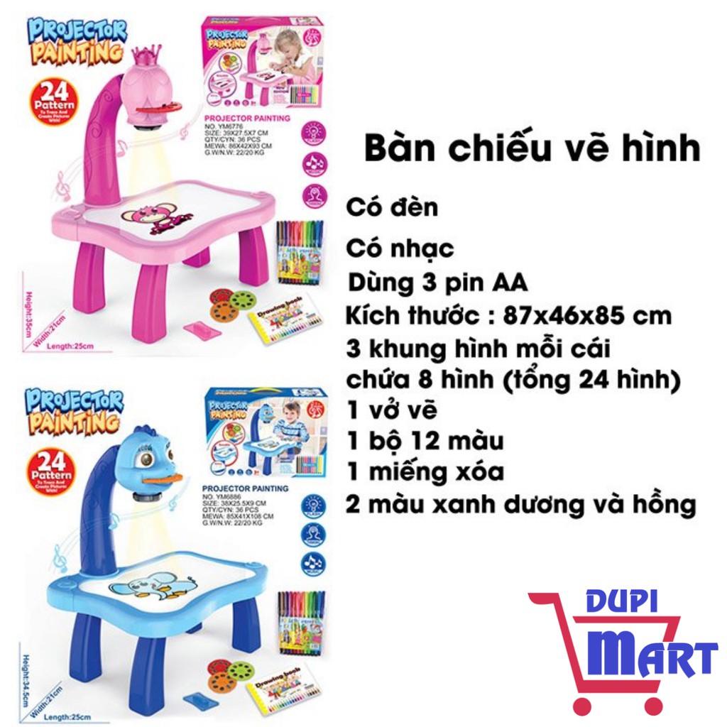 Bàn vẽ chiếu hình cho bé tập vẽ kèm 24 hình vẽ  bút màu có nhạc dùng pin AA - Đồ chơi tâp vẽ thông minh cho bé -Dupimart