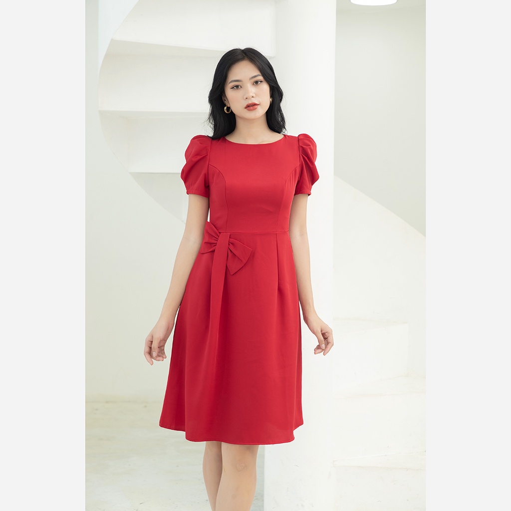 Đầm nữ công sở thiết kế 2 lớp thời trang Eden tay phồng phối nơ có túi chất liệu co giãn thoáng mát - D451