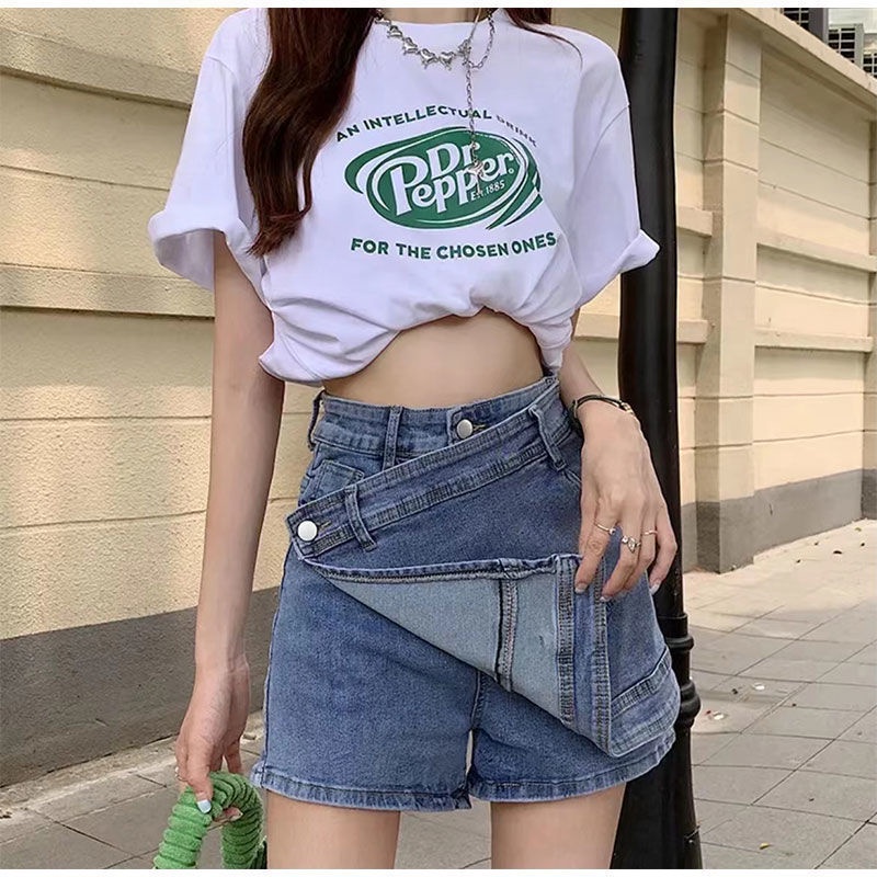 Quần Short Denim Lưng Cao Phối Kiểu Lệch Cá Tính Cho Nữ