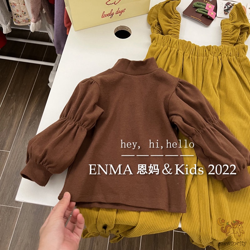 Bộ Áo Cổ Lọ Tay Phồng + Quần Yếm Vải Nhung Thời Trang Thu Đông Hàn Quốc Cho Bé Gái